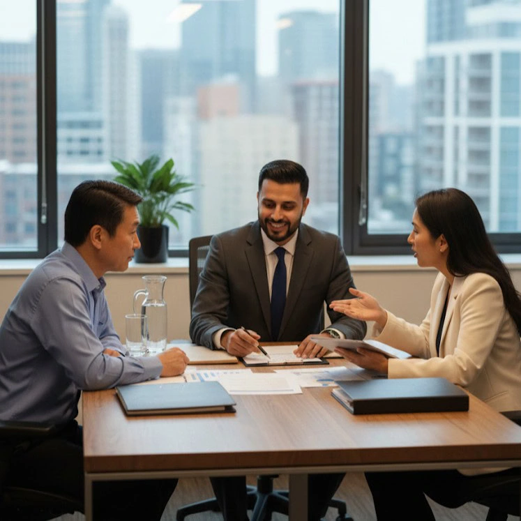 Three people in business attire sit around a conference table in a law firm Mississauga office, discussing documents, with city buildings visible through the window behind them.
