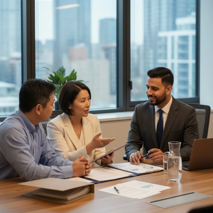Three business professionals sit at a conference table discussing documents in a modern law firm Mississauga office, with city views in the background.