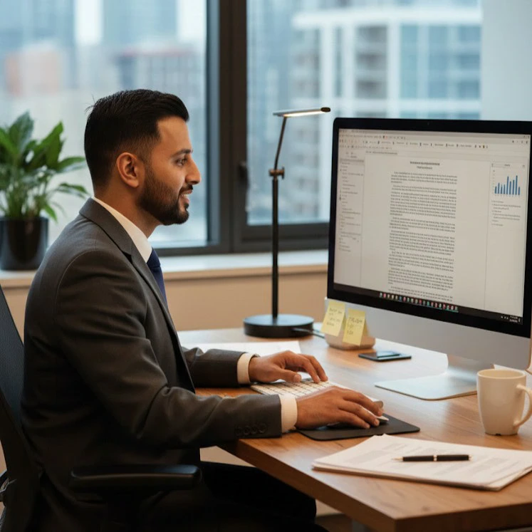 A man in a suit sits at a desk working on a computer in a law firm Mississauga office, with large windows and city buildings visible in the background.